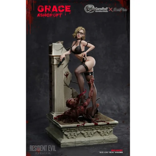 "Limited Edition 1/4 Scale Resident Evil Grace figure diorama, capturing a premium, gritty scene of the heroine battling a zombie amidst ruins."