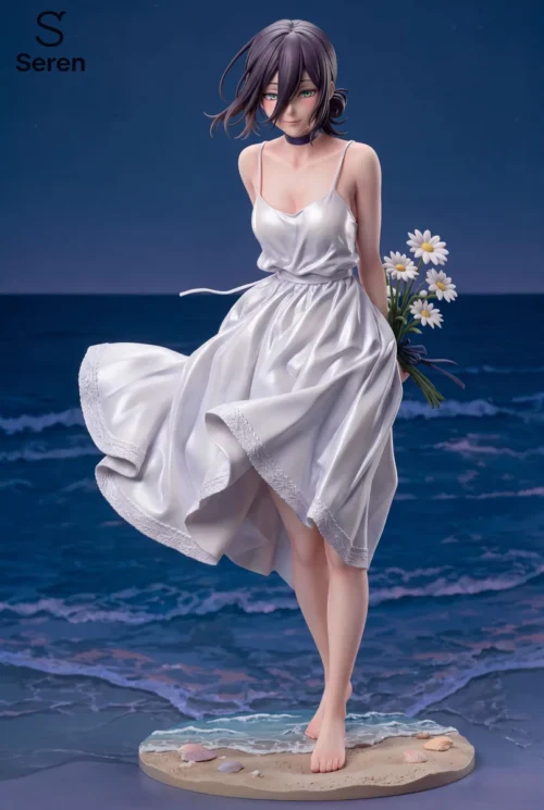 "Exquisite Limited Edition Reze (Seabreeze Daisy) Chainsaw Man statue by Seren Studio, dynamically posed on a serene summer beach with daisies."