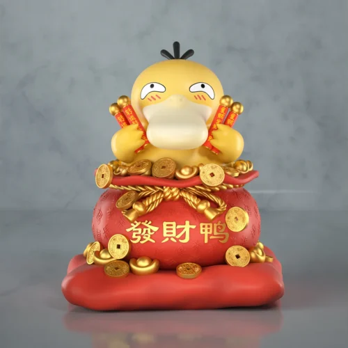 "Adorable MMLAND Studio Fortune Psyduck Pokémon resin statue holding a red lucky bag, symbolizing prosperity and good fortune."