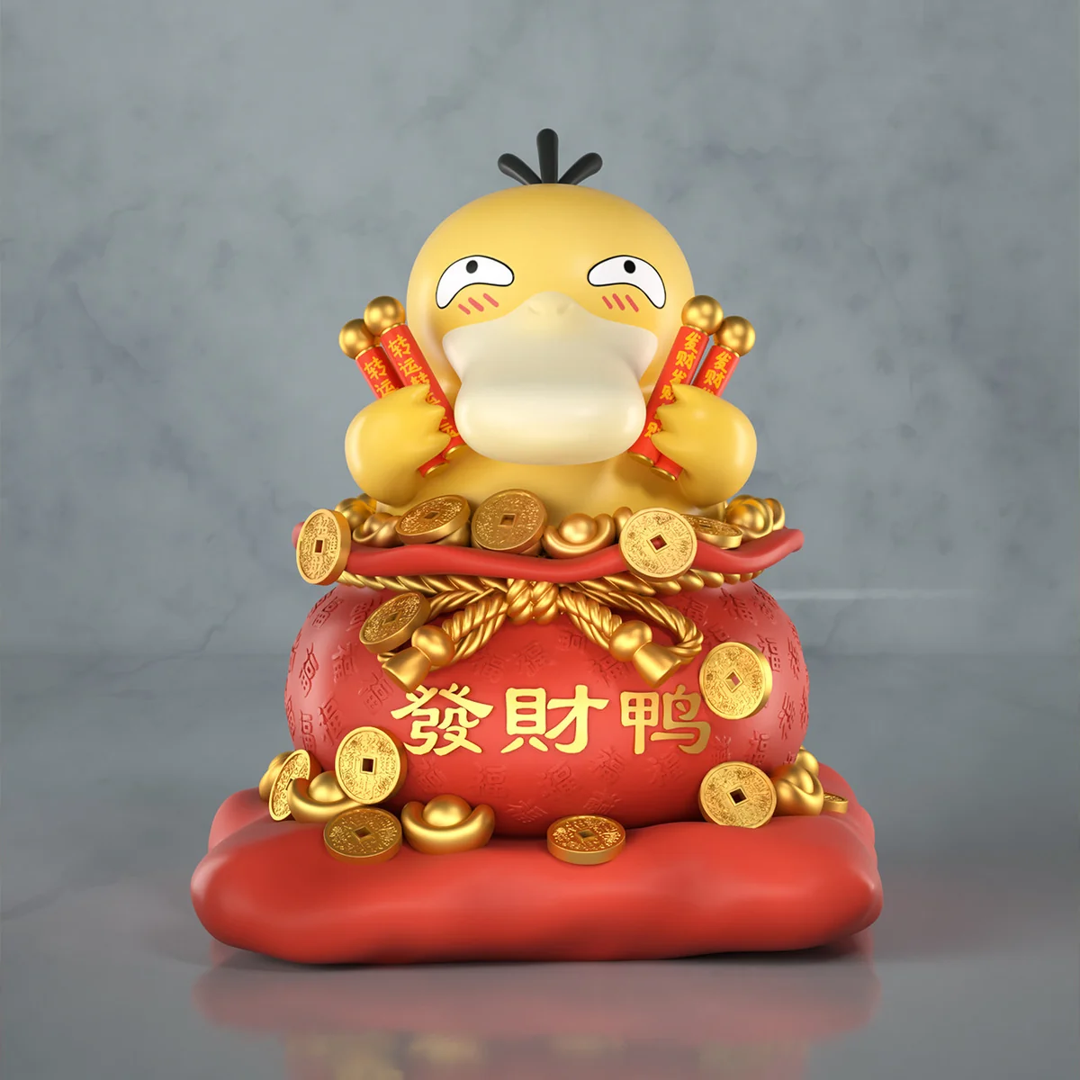 "Adorable MMLAND Studio Fortune Psyduck Pokémon resin statue holding a red lucky bag, symbolizing prosperity and good fortune."