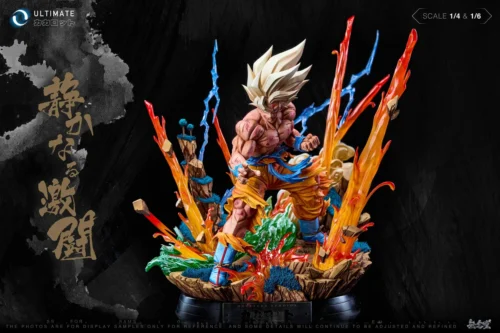 "Exquisite 'Wrathful Silence' Goku statue, a dynamic Super Saiyan unleashing power in a volcanic battle scene, crafted from premium LED resin."