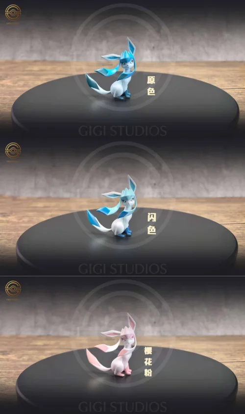 "A stunning, exclusive multi-color 1/20 Glaceon Pokemon statue by GIGI Studio, showcasing dynamic poses and vibrant icy aesthetics."