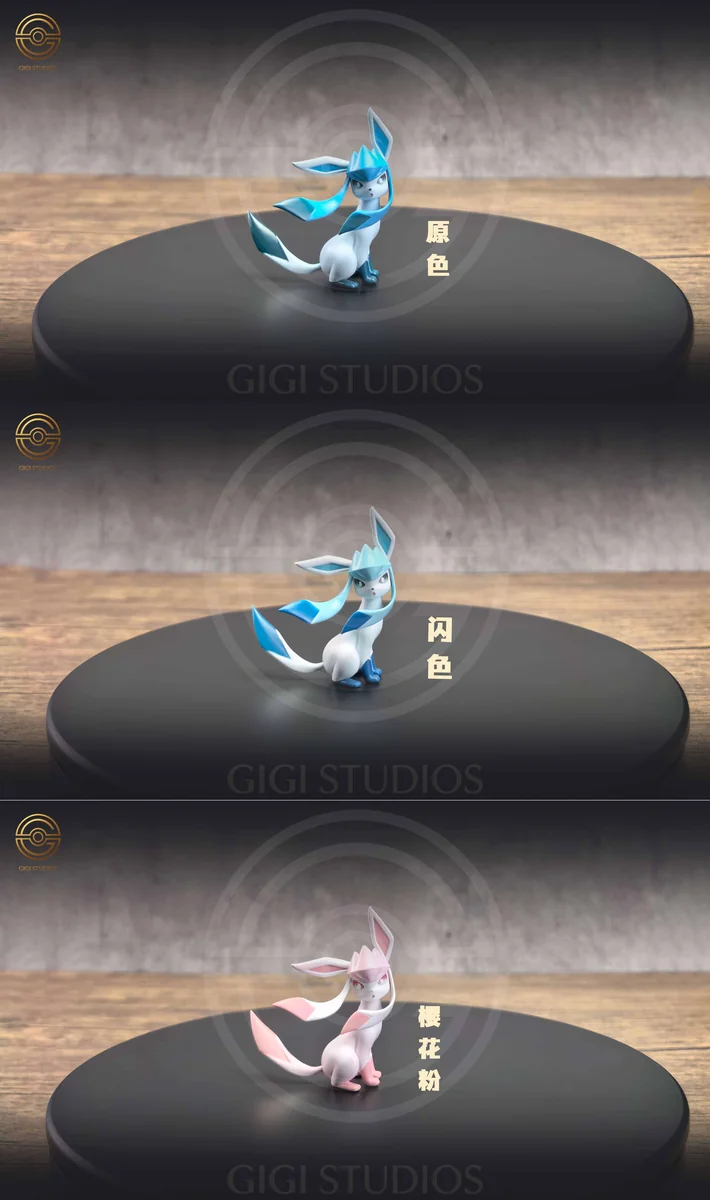 "A stunning, exclusive multi-color 1/20 Glaceon Pokemon statue by GIGI Studio, showcasing dynamic poses and vibrant icy aesthetics."