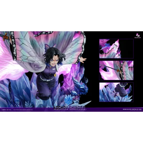 "1/6 Shinobu Kocho LED Demon Slayer statue by Breakwall Studio, showcasing dynamic light-up butterfly effects and intricate battle scene details."