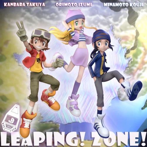 "Dynamic Digimon Frontier Resin Resonance Figures: Takuya Kanbara, Koji Minamoto, Zoe Orimoto in action poses with elemental effects."