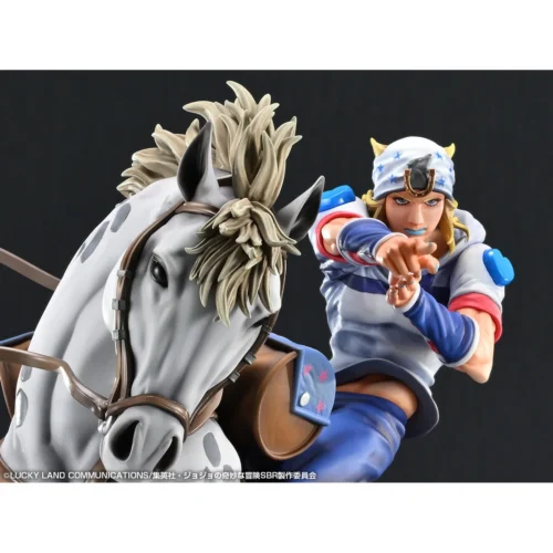 "Johnny Joestar & Slow Dancer statue from JoJo's Bizarre Adventure: Steel Ball Run by Medicos Studio. Dynamic equestrian action, intricate sculpting."