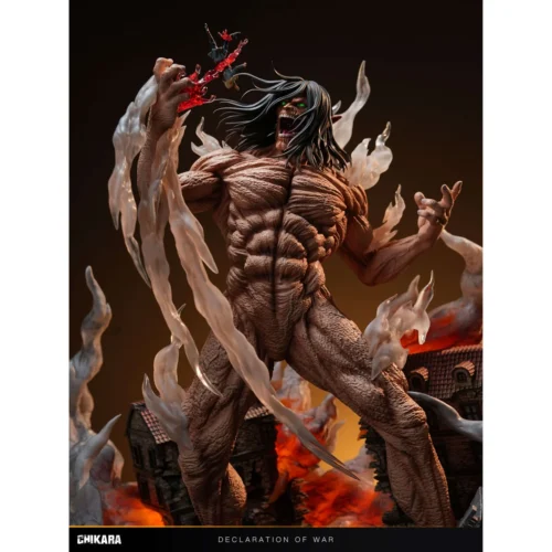 "Iconic Eren Yeager 'Declaration of War' Attack on Titan LED resin statue. Dynamic diorama with powerful explosion effects, capturing Eren's destruct."