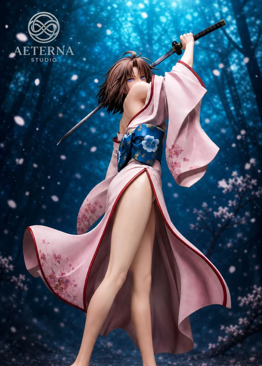 "Detailed views of the 1/6 Ryougi Shiki Aeterna Studio resin statue. Showcases exclusive cold-tone variant, dynamic katana, and character-accurate."
