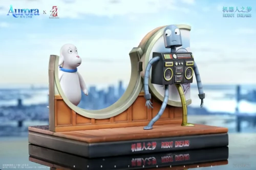 "Artistic Robot Dreams Figure of Dog and Robot, highlighting dynamic, customizable poses with interchangeable parts for a heartwarming display."
