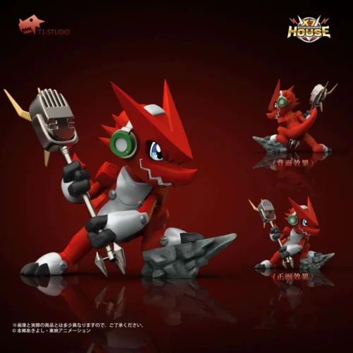 "Dynamic 1/4 Shoutmon Digimon Fusion GK resin statue in a vibrant, battle-ready pose, capturing its musical energy. A premium collectible figure."