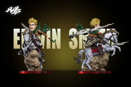"Dynamic Erwin Smith Attack on Titan statue by Fengbao Studio, showing heroic resolve on horseback, crafted from premium resin, detailed from a unique."