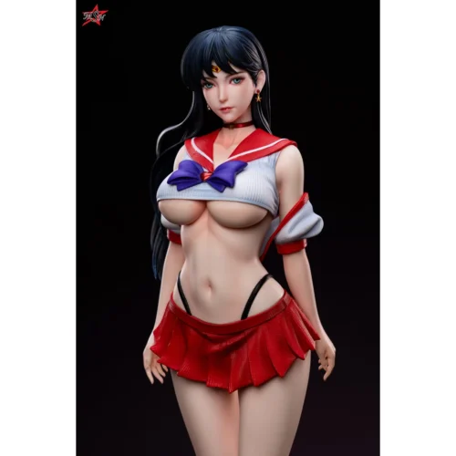 "Experience the limited edition 1/4 scale Sailor Mars Rei Hino resin statue from all angles, revealing its dynamic pose, fiery elemental effects."
