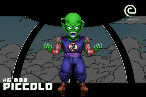 "C-STUDIO Young Piccolo Daimao Dragon Ball statue. Dynamic sculpt, menacing details, vibrant dual color options from various angles."