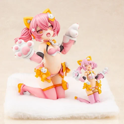 "PUNI MOFU Feline Mecha Girl figure, highly articulated Megami Device, showcasing its cute cat features and intricate armor details from a dynamic."