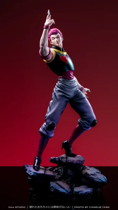 "Limited Edition Hisoka Hunter x Hunter Premium Resin statue showcasing his iconic, menacing pose with playing cards and a broken toy base."