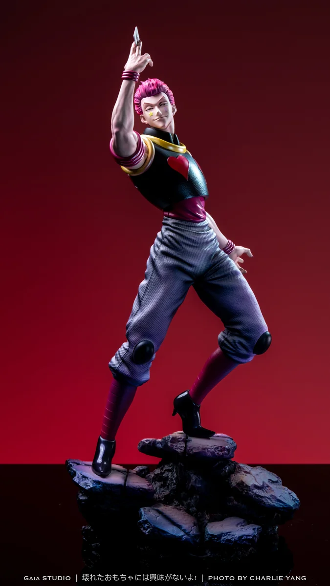 "Limited Edition Hisoka Hunter x Hunter Premium Resin statue showcasing his iconic, menacing pose with playing cards and a broken toy base."