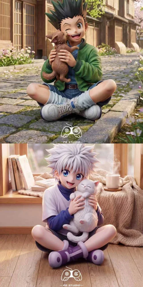 "Limited edition Hunter x Hunter Chibi figures featuring Gon with his dog and Killua with his cat, vibrant and dynamic."