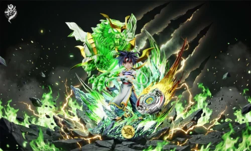 "Main image of the premium Beyblade Ray Kon LED statue by Lüeyǐng Studio, showcasing his dynamic pose, vibrant LED illumination, and nostalgic anime."