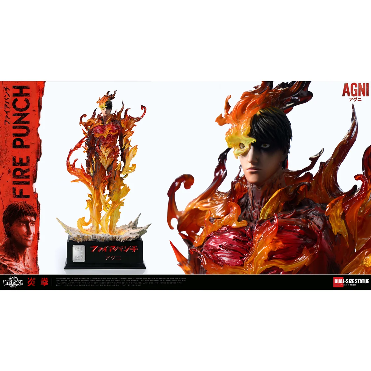 "Premium Fire Punch Agni statue, dynamically posed with a luminous transparent body engulfed in LED flames, highlighting its remote-controlled."
