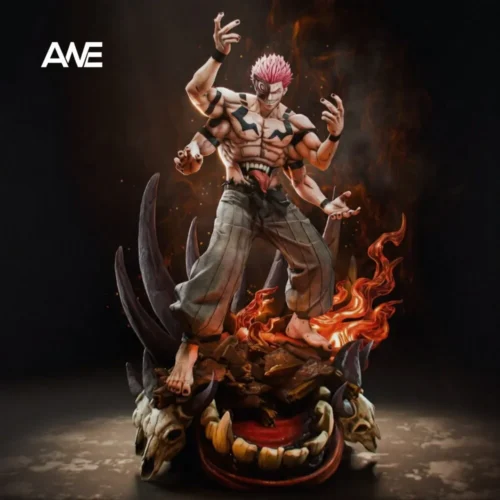 "Ryomen Sukuna Jujutsu Kaisen statue main image. Exquisite dual head sculpts and dynamic Malevolent Shrine with fiery effects. Ultra-limited."