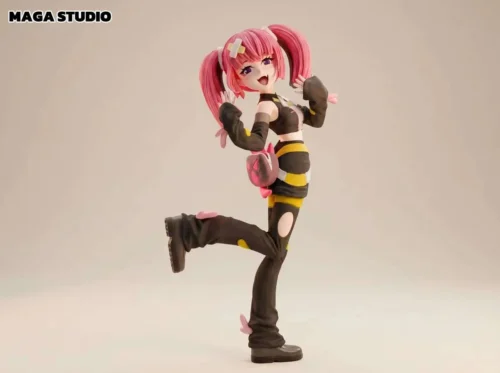 "Vibrant 1/20 Coral Pokémon Trainer statue by Maga Studio in a dynamic pose, showcasing unique magnetic single-foot support alongside her partner."