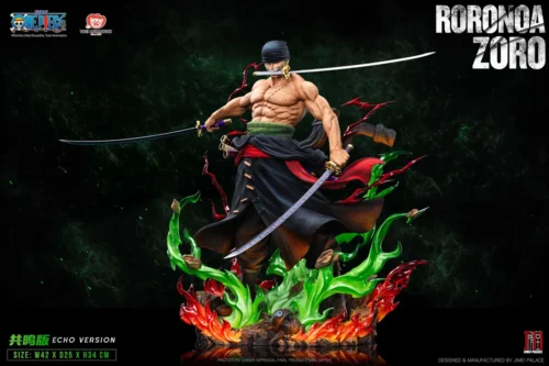 "Officially licensed 1/6 Roronoa Zoro statue by Jimei Palace, detailed views of the dynamic, battle-ready pose, three swords, and intricate sculpting."