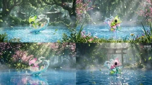"Charming Celebi 2.0 Pokemon figure by Zaowuguan Studio, beautifully displaying its unique dual flying and peaceful sleeping poses."