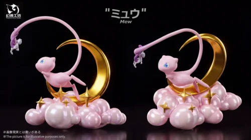 "Limited edition Celestial Mew Pokémon statue floating dreamily on a gilded crescent moon, surrounded by swirling clouds and twinkling stars."