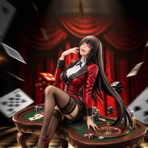"Yumeko Jabami Kakegurui 1/6 statue. Gallery views highlight her dynamic pose, intense expression, and detailed game table. Exquisite, limited-edition."