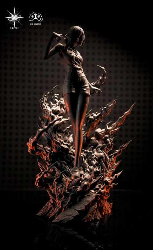 "Premium 1/6 Reze Bomb Devil Chainsaw Man resin statue, detailed view of its explosive dynamic pose, intricate sculpting, and vibrant LED effects."