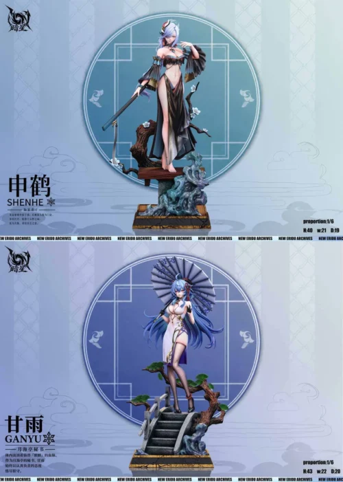 "Limited Edition Shenhe & Ganyu Genshin Impact resin statue. Exquisite Guofeng style with flowing traditional aesthetics, a premium collectible."