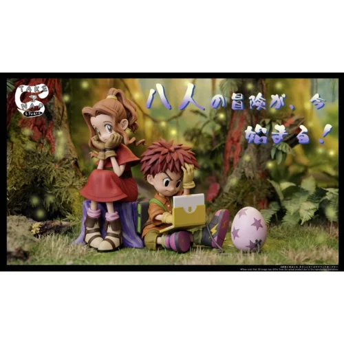 "Limited edition Digimon Adventure Chibi resin statue featuring Mimi Tachikawa and Palmon napping peacefully alongside Koushiro Izumi and Tentomon."