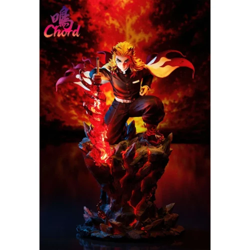 "Premium Kyojuro Rengoku LED resin statue, dynamically showcasing his fiery Flame Breathing from Demon Slayer with glowing effects."