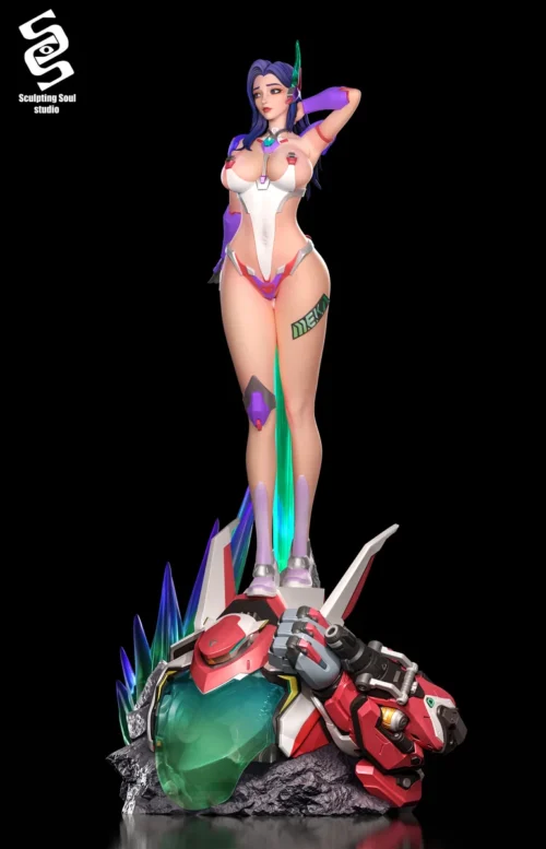 "Ultra-limited 1/4 scale D.Mon Yuna Lee Overwatch resin statue. Detailed views of dynamic mech, vibrant sci-fi design from various angles."