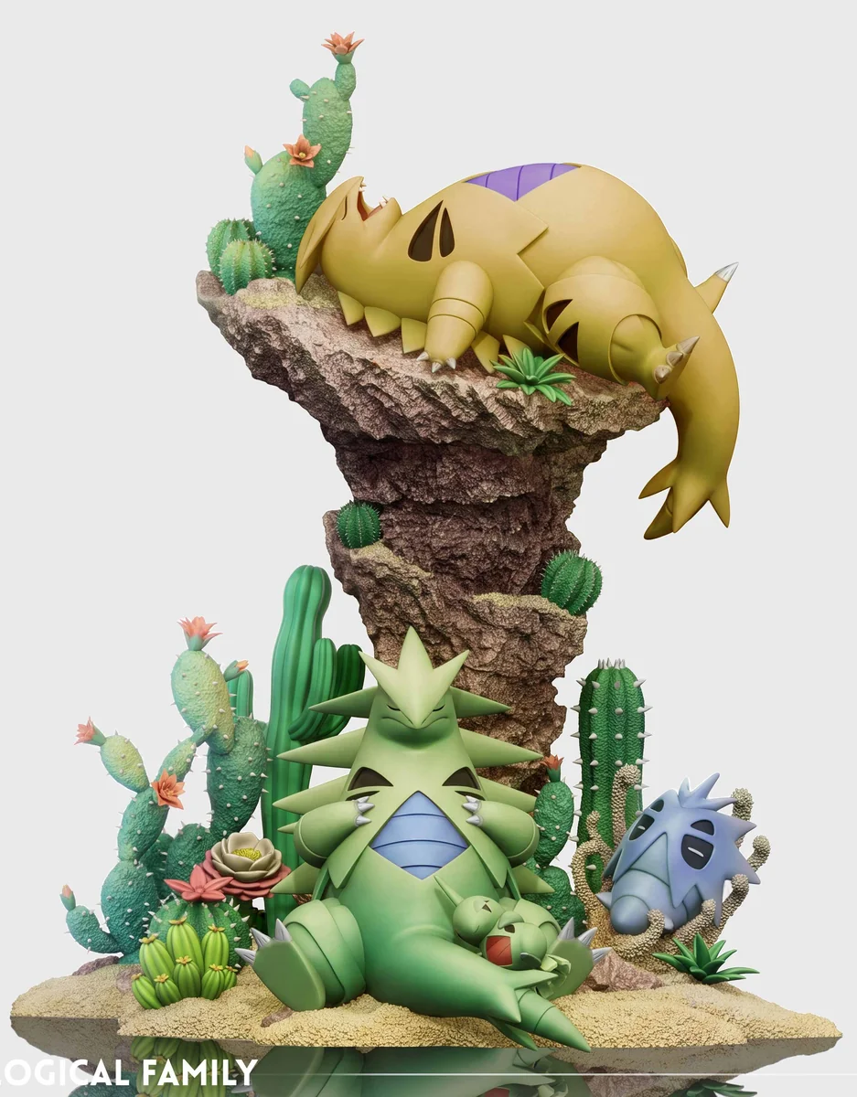 "Another angle of the premium 1/20 Tyranitar evolutionary line Pokémon statue, revealing exquisite sculpting details within its dynamic rugged rocky."