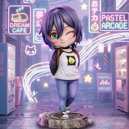 "Vibrant Chibi Reze Chainsaw Man resin statue. A playful, high-quality, limited edition figure, capturing her explosive charm and intricate details."