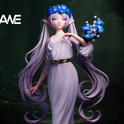 "Ultra-limited ANE Studio Frieren premium resin statue gallery, showing dynamic spellcasting, ethereal magic, and intricate costume."