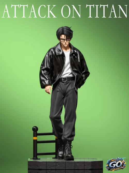 "Premium Levi Ackerman Attack on Titan resin statue, capturing his cool demeanor in a stylish trench coat with removable glasses."
