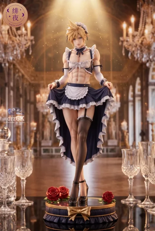 "Limited edition 1/6 Cloud Strife (Maid Ver.) resin statue from Final Fantasy VII. Iconic maid Cloud figure on an elegant mirror base."