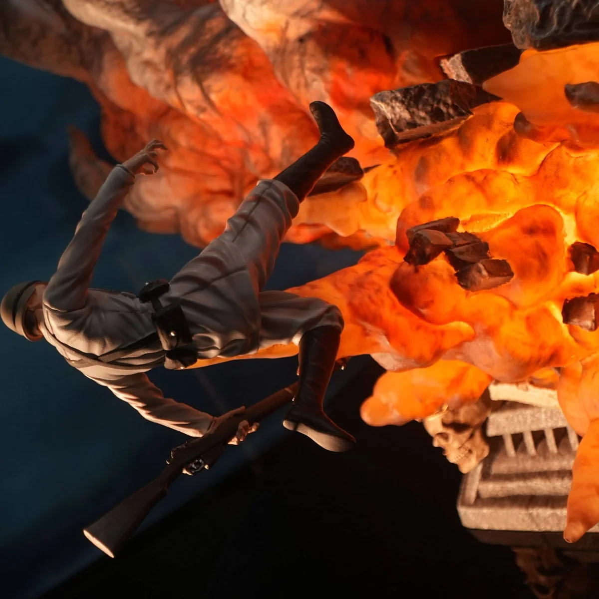 "Eren Yeager Attack Titan 'Declaration of War' LED resin statue. Gallery shows intricate sculpture details and dramatic LED explosion effects from."