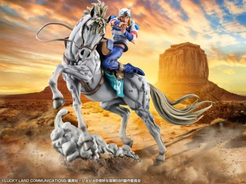 "Premium Johnny Joestar and Slow Dancer statue from JoJo's Bizarre Adventure: Steel Ball Run. Dynamic equestrian figure."