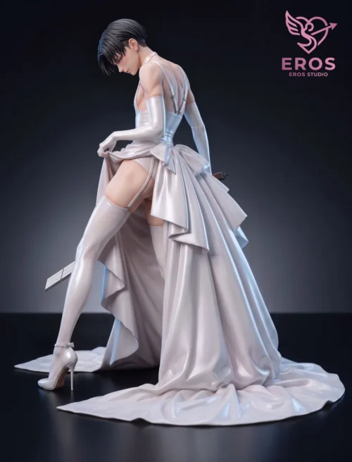 "Exclusive 1/6 Bride Levi Ackerman Attack on Titan statue by Eros Studio, revealing whimsical bridal gown details from a unique angle."