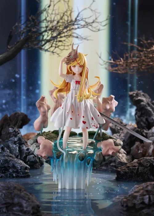 "Premium Good Smile Company Shinobu Oshino Hyoushi Ver. Monogatari Series figure, showcasing her iconic dynamic pose with delicious donuts."