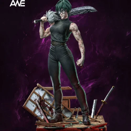 "Limited edition Zenin Maki figure resin statue, dynamically posed from Jujutsu Kaisen, showing fierce determination and intricate uniform details."