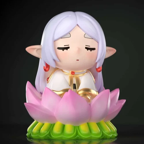 "Exclusive Frieren: Beyond Journey's End resin statue in a unique meditative lotus pose, presented on an intricate base, a premium collectible."