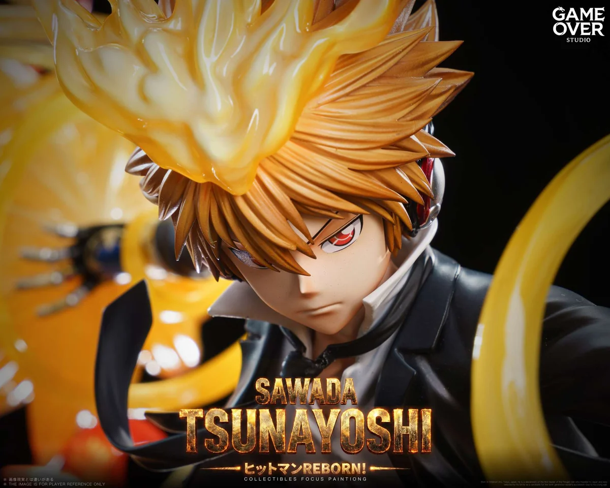 "Ultra-limited 1/6 Sawada Tsunayoshi resin statue details are shown. Dynamic action pose, intricate sculpting, and fiery aura are visible from various."