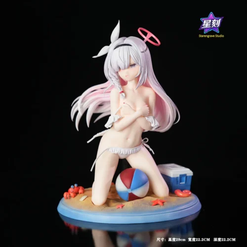 "Limited 1/4 Blue Archive Plana statue. Cheerful Plana in swimsuit, dynamic water, vibrant beach, detailed from all angles."