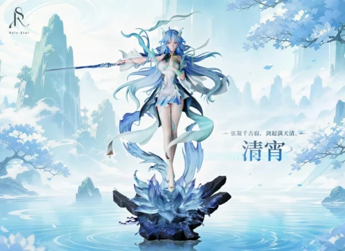 "Limited Edition Wuthering Waves Qingxiao 1/6 resin statue. Ethereal warrior in a dynamic pose with integrated LED lighting and mystical lotus effects