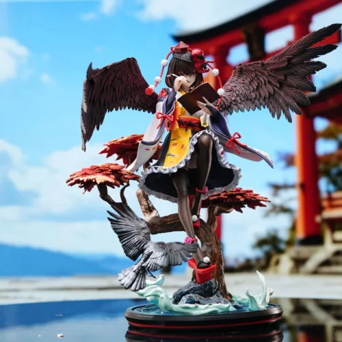"Detailed views of the 1/6 Shameimaru Aya Touhou Project resin statue, capturing her dynamic aerial pose and wind-swept elegance."