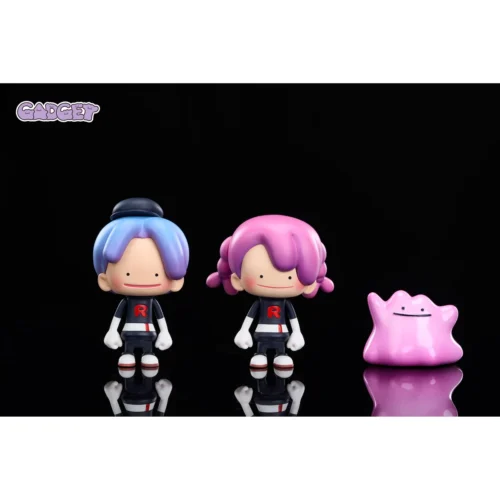 "Exclusive GADGET Studio Pokémon Ditto figure resin statue, whimsically transformed into chibi Team Rocket members Jessie, James, and Meowth."